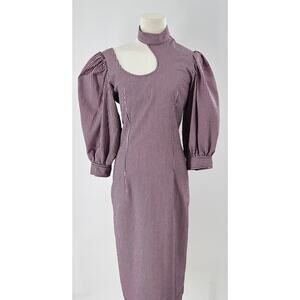 Ganni Stretch Seersucker Dress Moonlight Mauve Stripe Midi Puff Sleeve 6 38